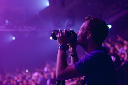 a photo of an man holding dslr camera in hand, standing on stage and taking photos with his friends at the concert venue, purple lighting, crowd visible blurred background