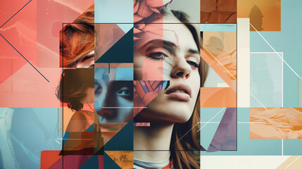 Abstract Geometric Collage with Female Portraits, Modern Art Concept