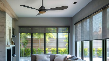a living room.the rolling shade in the back of it in a insteresting way. the ceiling fan in the foreground, and the window with a smar roller shade in the background. - obrazy, fototapety, plakaty