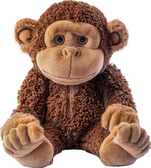 Cute monkey plush toy with big eyes seated cut out on transparent background