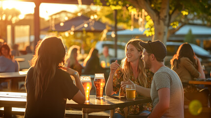 Three friends enjoy a cheerful conversation and beers at an outdoor pub during a warm, sunset-lit evening