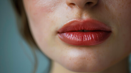 Beautiful female mouth close-up. Plump full lips. Cosmetology beauty injection procedure. Lip protection balm. Hygienic lipstick
