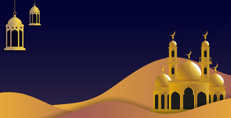 a mosque in the desert with a yellow lantern on the top