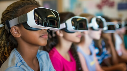 Group of schoolchildren in a school class are sitting during a lesson wearing virtual reality glasses. Concept of VR technology and Futuristic education.