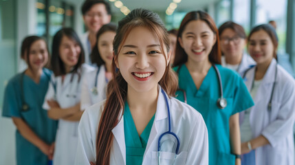 Group of asian doctors in a uniform are smiling in a hospital. World health day concept.