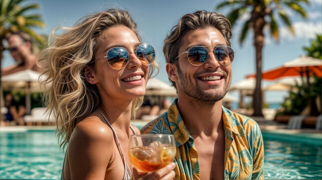 Couple in summer at hotel pool with cocktails wearing sunglasses. Holidays resort, travel and vacation concept
