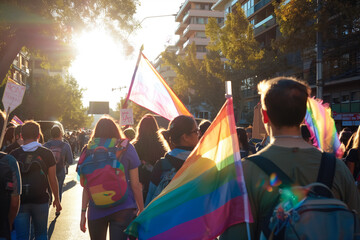 Back view Group of people raising rainbow flags, posters for LGBT rights, gender equality. 