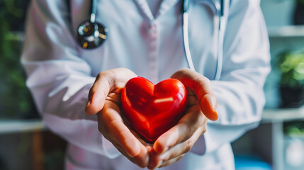 Hands of doctor holding red heart. Cardiology and health day concept. Patient support and health insurance. Cardiac disease or heart failure concept image.