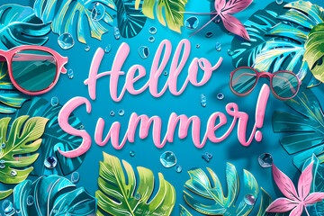 Summer day illustration with the text "Hello Summer!" in the middle of the image. Image with copy-space. Summertime concept. Banner.