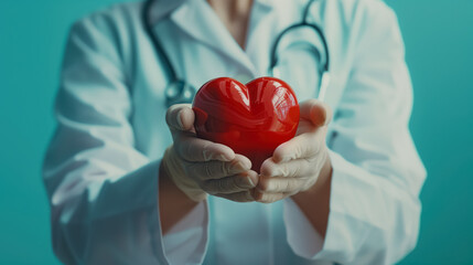 Hands of doctor holding red heart. Cardiology and health day concept. Patient support and health insurance. Cardiac disease or heart failure concept image.