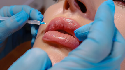 Young adult caucasian woman getting botox cosmetic injection in the lips. Beauty and cosmetology concept