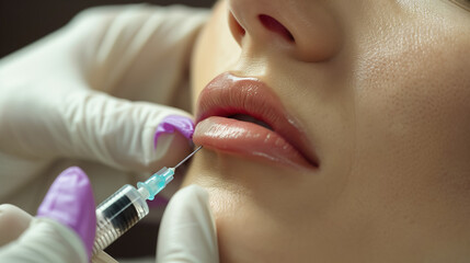 Young adult caucasian woman getting botox cosmetic injection in the lips. Beauty and cosmetology concept