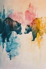 Bull and bear symbols in a pastel financial landscape, market trends in watercolor contrast