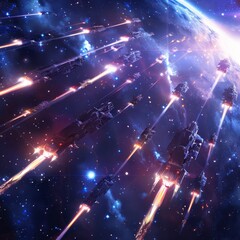 Space fleet in echelon formation, meteor showers around, starry background, intense