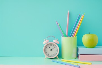 Back to school pastel background with stationery, kids supplies, alarm clock, green apple on table. Colorful paper, color pencils, stack of books. Copy space for text. Front view. Young student desk - Powered by Adobe