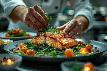 A chef plating up an exquisite dish in the kitchen of a luxury restaurant, closeup on hands and...