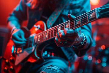 Obraz premium Passionate Guitar Solo: Intense Performance Under Stage Lights