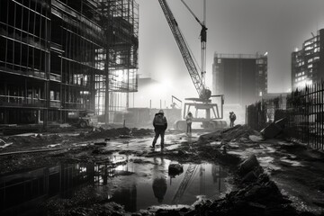 Black and white construction , monochrome picture of a construction site, construction site in...