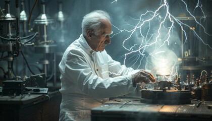 A scientist physicist and mathematician conducts experiments with electricity in the laboratory. - obrazy, fototapety, plakaty