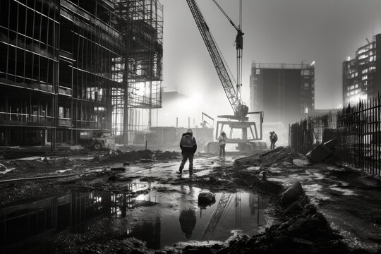 Black and white construction , monochrome picture of a construction site, construction site in black and white, AI generated