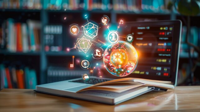 A library with books, knowledge, networks, internet, concepts, education, online, e-learning, e-learning, cyberspace.