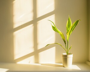 Potted green plant in the soft morning light casting shadows on a creamy wall