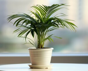 Indoor palm plant in a white pot against a window, symbolizing serenity and growth