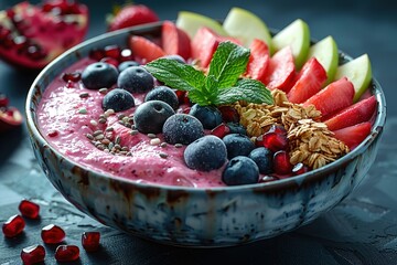 A vibrant bowl of pink smoothie, adorned with blueberries and pomegranate seeds, sits on an isolated dark blue table surface - Powered by Adobe
