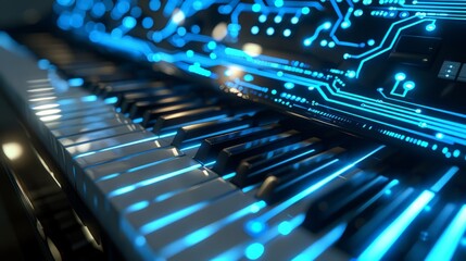 Futuristic digital piano with glowing blue circuitry