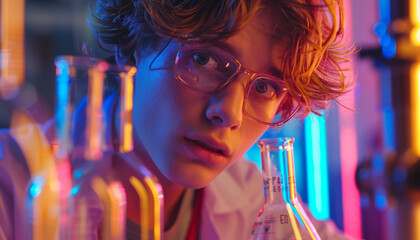 Chemical research in a school laboratory. A young teenage scientist conducts a chemical experiment.