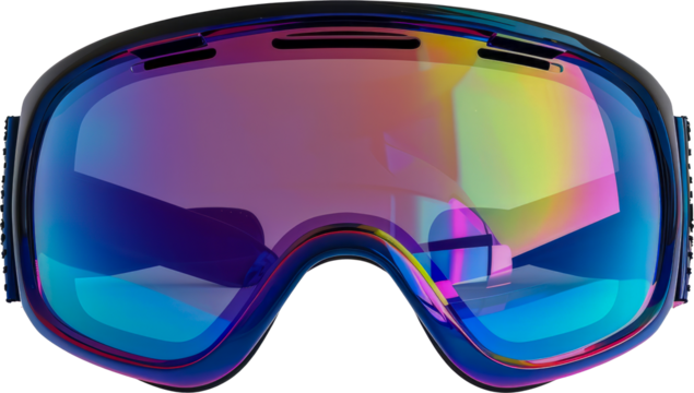 Colorful ski goggles with reflective lens isolated cut out on transparent background