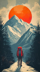 Back view of a man is hiking up a mountain with a red backpack poster. The sun is setting behind the mountain, creating a beautiful orange and pink sky. travel poster concept - obrazy, fototapety, plakaty