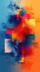 A colorful abstract painting art background with stripes a blue and orange background, wallpaper. The painting is full of splatters and has a chaotic, energetic feel to it. 