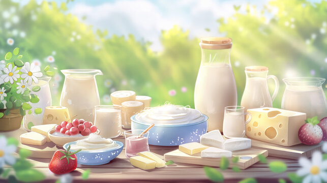 An assortment of dairy items, including milk, cheese, butter, and yogurt, presented on a wooden table with a sunny backdrop and flowers