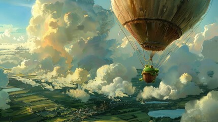 Aboard a hot air balloon, the cartoon frog enjoys a peaceful ride through the clouds, taking in...