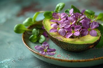 Photo of An avocado half filled with purple sprout salad
