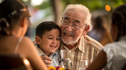 Elderly man with warm smile enjoying a tender moment with a young grandson at dinner - obrazy, fototapety, plakaty