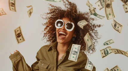 A joyful woman with sunglasses surrounded by flying dollar bills. - obrazy, fototapety, plakaty