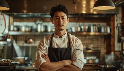 Portrait of a Japanese male chef in the kitchen.