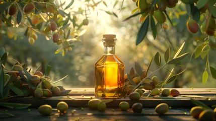 Fototapeten A bottle of olive oil and scattered olives sit on an old wooden table against a backdrop of a sunlit olive grove at sunset. © VLA Studio
