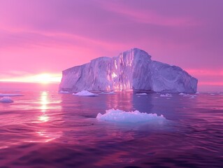 An enchanting glacier, icebergs emitting a neon glow, under the ethereal light of a pastel polar...