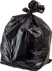 Black garbage bag tied up cut out on transparent background