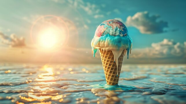 An ice cream cone with a melting Earth, vibrant colors flowing into each other under the warm glow of a surreal, oversized sun in a clear blue sky