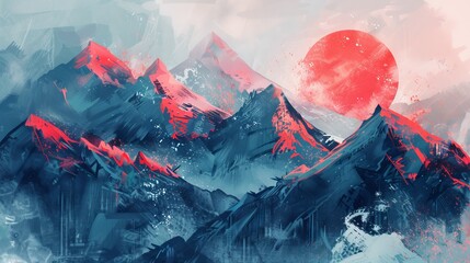 Mountainscape in digital brush strokes, traditional yet futuristic, serene coding flow