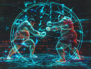 Neon outlined Sumo in a digital dohyo ring, striking and abstract sporting scene