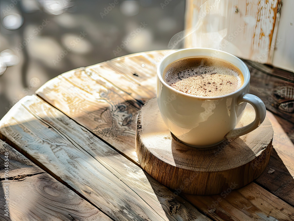 Fototapete a steaming cup of latte on a rustic table with morning light, space for text