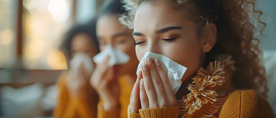 Woman at home sneezing into tissue dealing with allergies and nasal congestion Selfcare and tissue usage. Concept Allergy Relief, Nasal Congestion, Self-care Tips, Tissue Usage, Home Remedies - obrazy, fototapety, plakaty