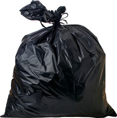 Black garbage bag tied up cut out on transparent background