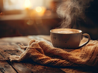 A steaming cup of latte on a rustic table with morning light, space for text - obrazy, fototapety, plakaty