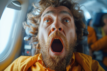 afraid scared male passenger screams of fear of aerophobia inside the airplane in turbulence flight - obrazy, fototapety, plakaty